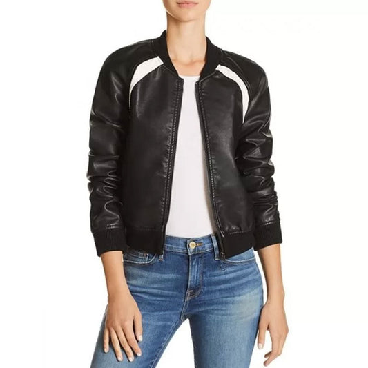 Casual Baseball Collar Black Leather Shearling Bomber Jacket