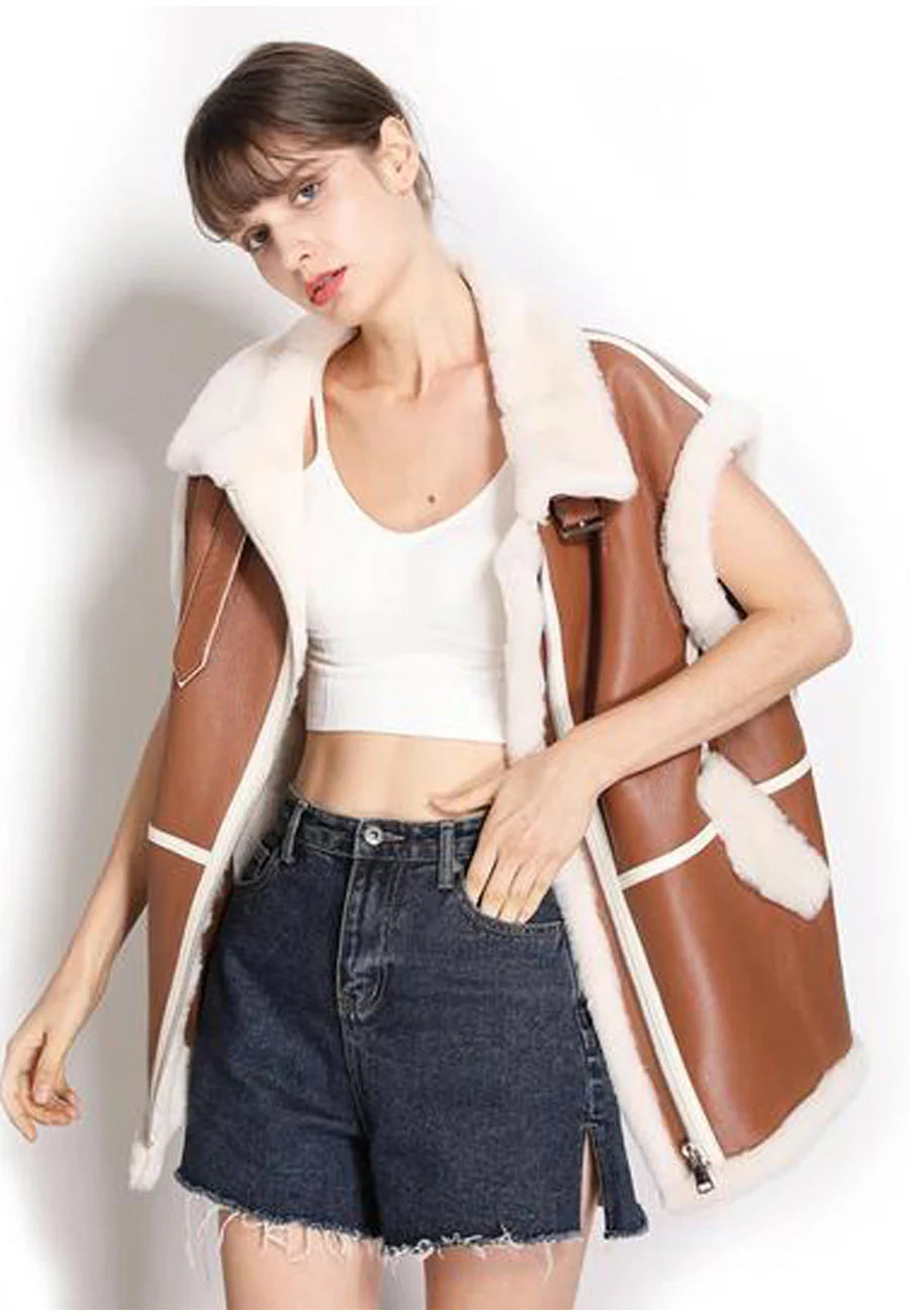 Stylish Women’s Camel Brown Leather Shearling Vest