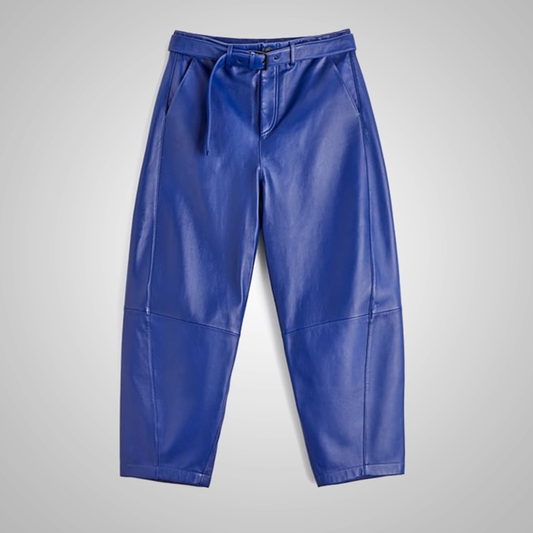 Men's Blue Genuine Sheepskin Leather Biker Pants