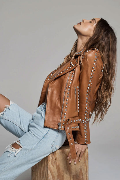 Brown Women Style Silver Spiked Studded Leather Jacket