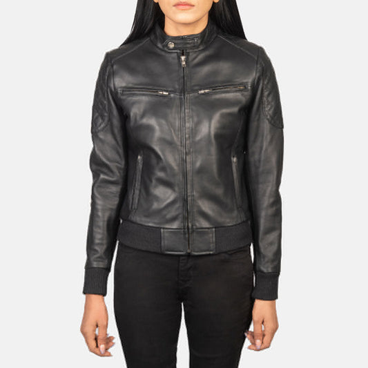 Zenna Black Leather Shearling Bomber Jacket