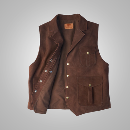 Men's Brown Multi-Pocket Utility Leather Vest