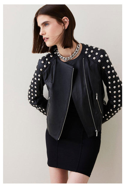 Black Women's Style Silver Spiked Studded Leather Jacket