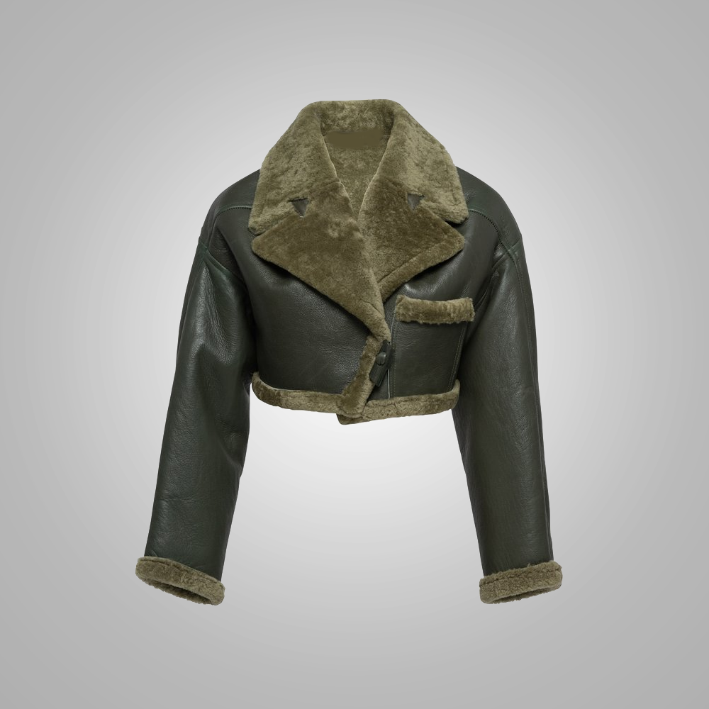 Women's Green Aviator Flight Bomber Sheepskin Leather Jacket