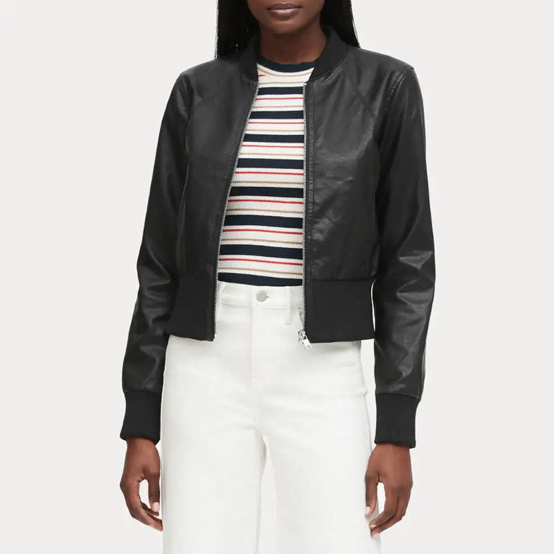 Women's Cropped Black Bomber Jacket with Ribbed Cuffs