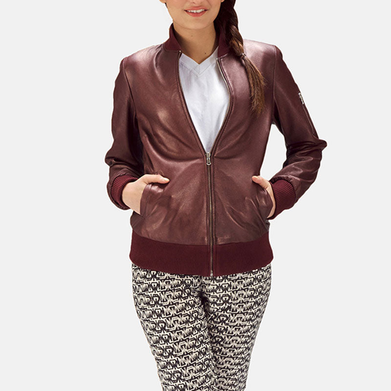 Reida Maroon Leather Shearling Bomber Jacket