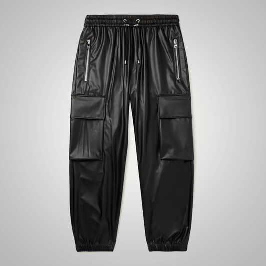 Men's Fashion Black Cowhide Leather Biker Pants