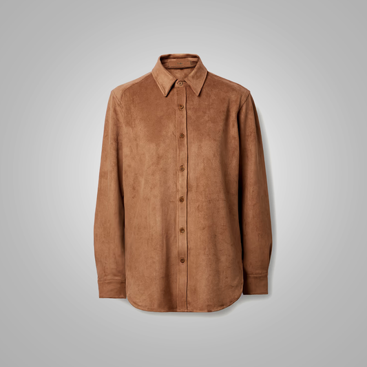 Women's Brown Leather Blend Shirt - Smooth & Simple Elegance