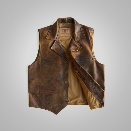 Men's Western Style Sheepskin Leather Cowboy Vest in Rich Brown