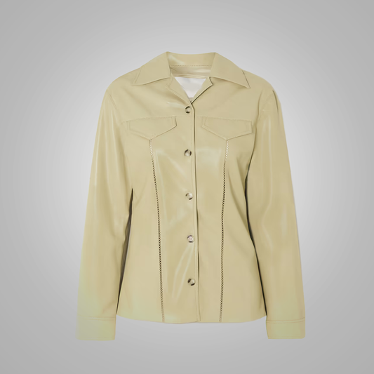 Women's Khaki Smooth Leather Shirt with Simple Button Closure - Elegant & Versatile