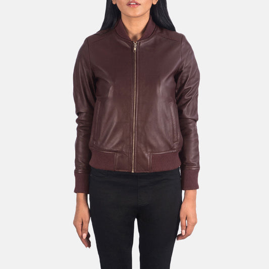 Bliss Maroon Leather Shearling Bomber Jacket