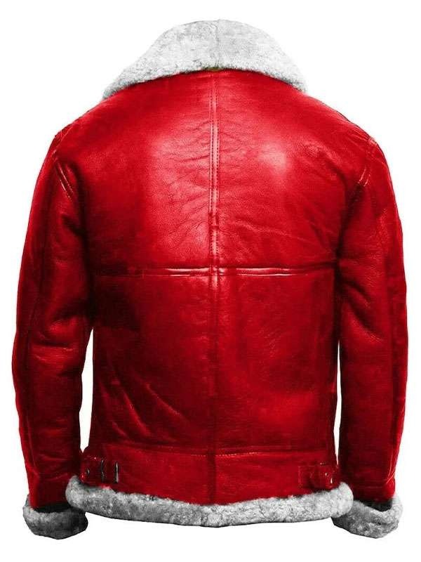 Men’s Christmas Red Leather Jacket with White Fur Trim