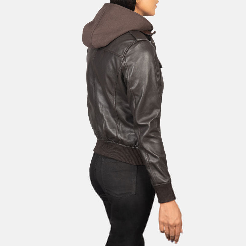 Roslyn Brown Hooded Shearling Leather Bomber Jacket