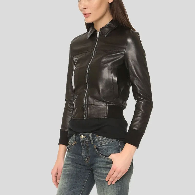 Halle Shirt Collar Black Leather Shearling Bomber Jacket