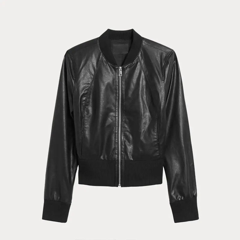 Women's Cropped Black Bomber Jacket with Ribbed Cuffs