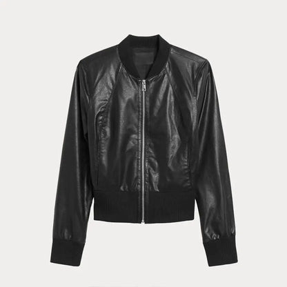 Women's Cropped Black Bomber Jacket with Ribbed Cuffs