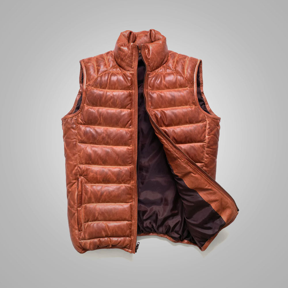 Men's Brown Shearling Bubble Leather Down Vest