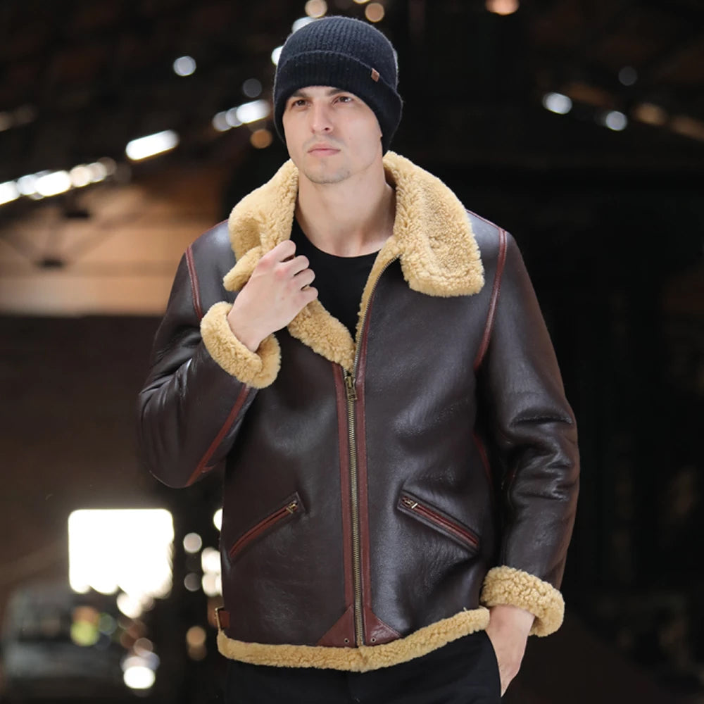 Men's Brown B3 Shearling Leather Bomber Sheepskin Jacket Coat - TopGuruJackets