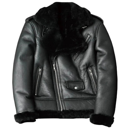 2024 New Men's Oblique Zipper Shearling Sheepskin Leather Motorcycle Jacket