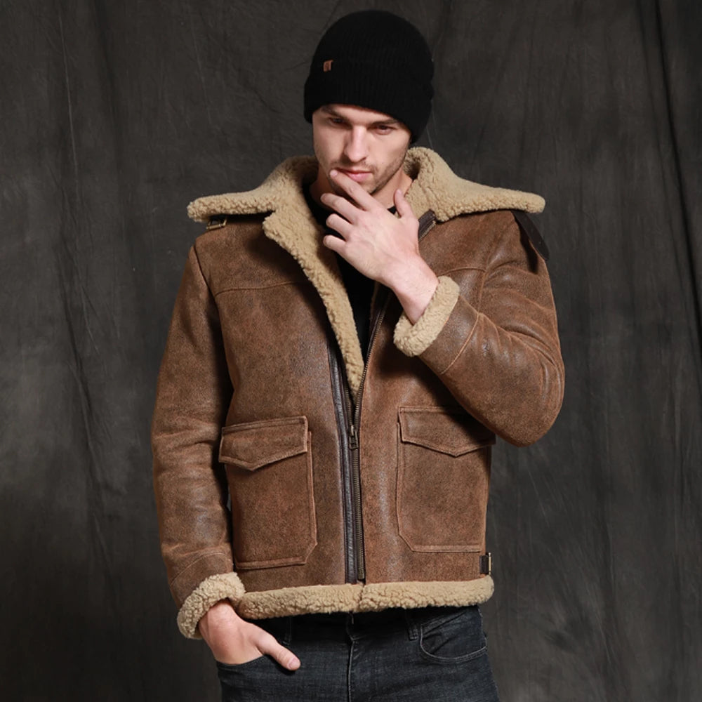 Men's Brown Short Sheepskin Fur Shearling Leather Jacket Coat, TopGuruJackets