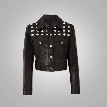 Women's Black Studded Shearling Cropped Leather Jacket - Textured & Stylish