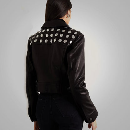 Women's Black Studded Shearling Cropped Leather Jacket - Textured & Stylish