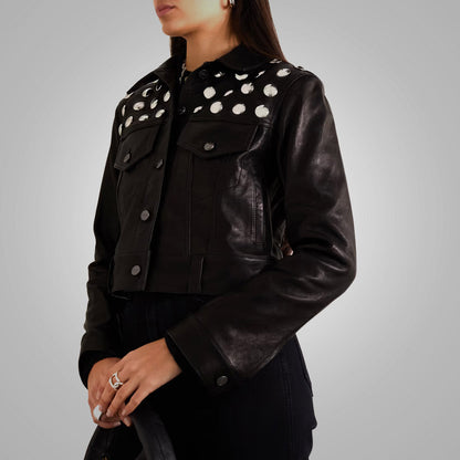 Women's Black Studded Shearling Cropped Leather Jacket - Textured & Stylish