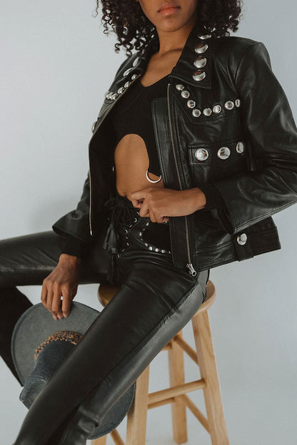 Black Women's Punk Silver Spiked Studded Biker Leather Jacket