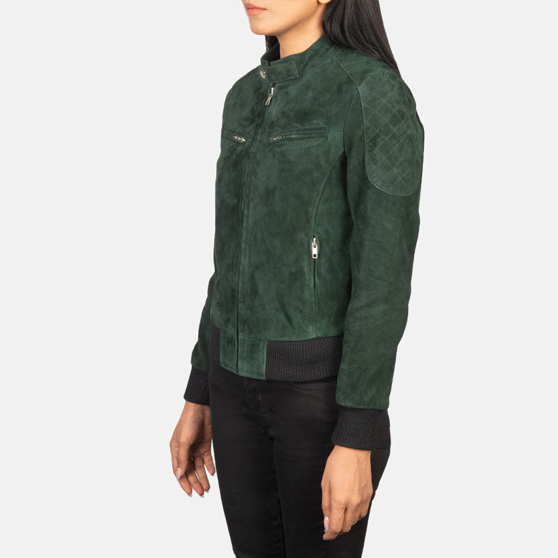 Zenna Green Suede Leather Bomber Jacket