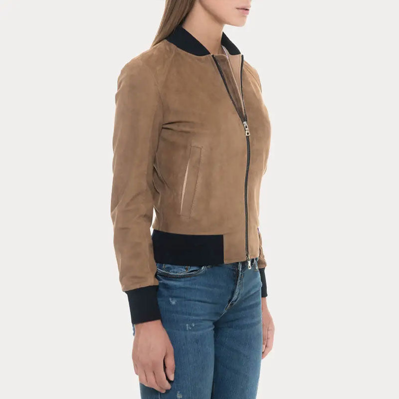 Tan Suede Bomber Jacket with Black Rib-Knit Collar and Cuffs