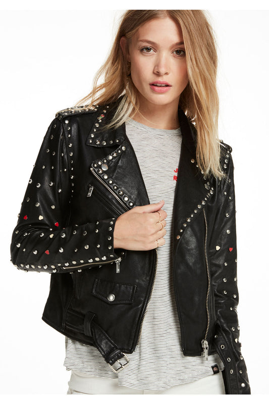 Black Women's Spiked Studded Leather Motorcycle Jacket