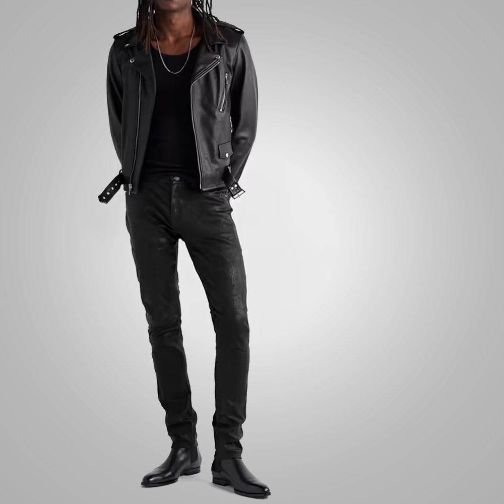 Men's Fashion Black Cowhide Leather Biker Pants