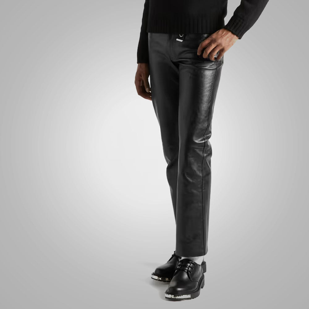 Men's Black New Style Fashion Leather Jean Pant