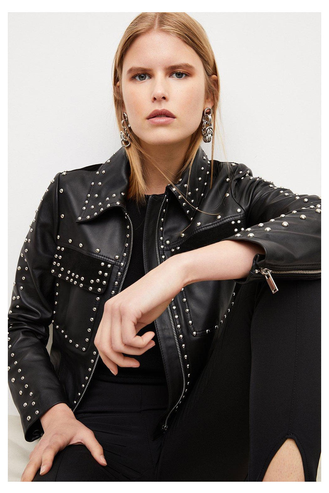 Women's Black style Silver Spiked Studded Leather Biker Jacket