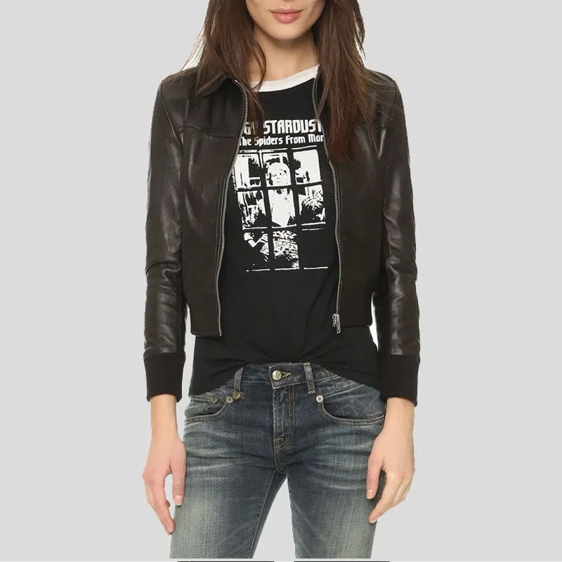 Halle Shirt Collar Black Leather Shearling Bomber Jacket