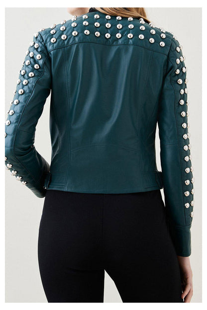 Women's Chocolate Green Style Silver Spiked Studded Retro Motorcycle Leather Jacket