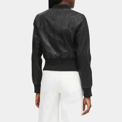 Women's Cropped Black Bomber Jacket with Ribbed Cuffs