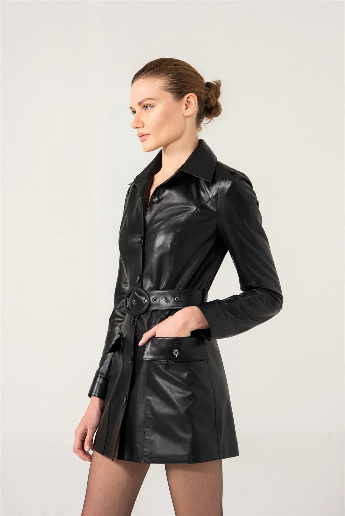 Stylish Women’s Black Sheepskin Leather Trucker Trench Coat