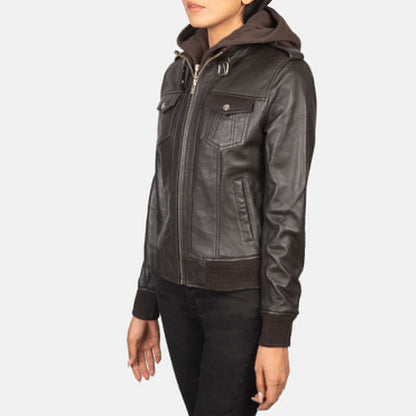 Roslyn Brown Hooded Shearling Leather Bomber Jacket