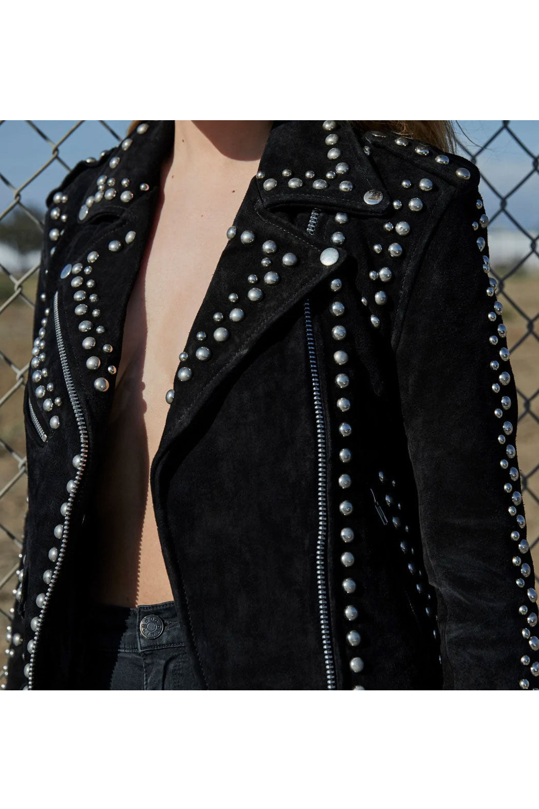  Women Style Silver Studded Black Suede Leather Jacket