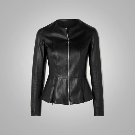 Women's Black Leather Shirt with Stretch Cotton and Concealed Zip - Sleek & Comfortable