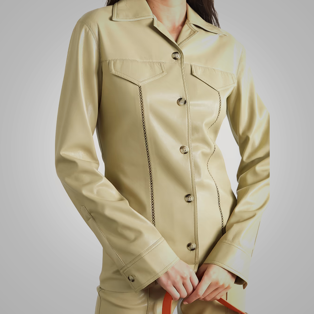 Women's Khaki Smooth Leather Shirt with Simple Button Closure - Elegant & Versatile