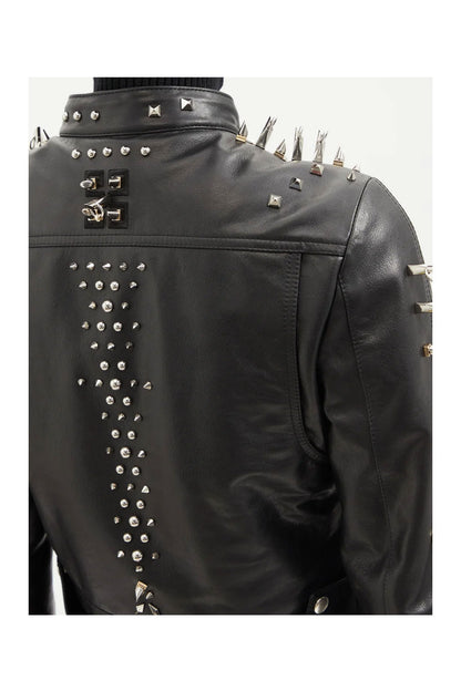 Black Women's Silver Long Spiked Studded Motorcycle Leather Jacket