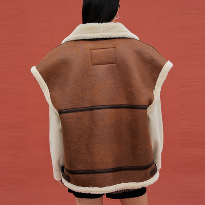 Women's Brown Sheepskin Shearling Aviator Leather Vest - TopGuruJackets