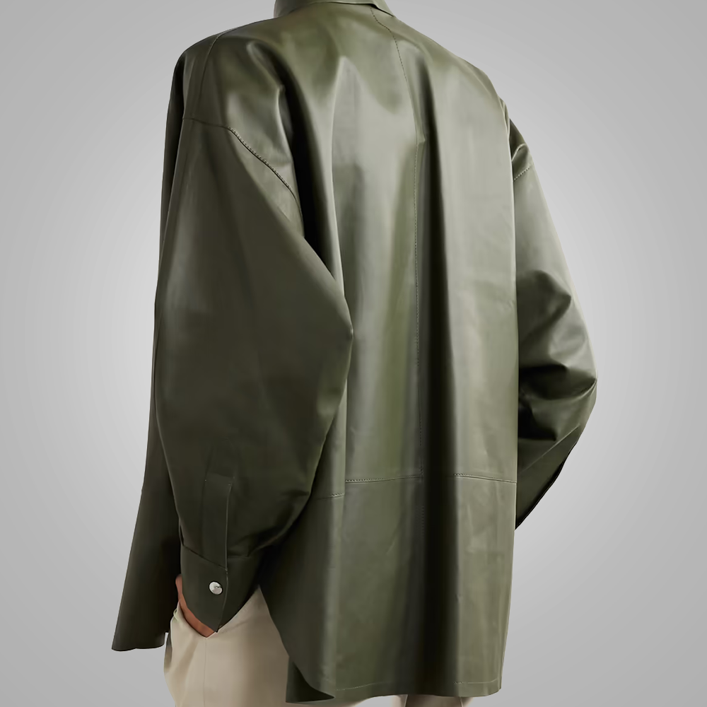 Women's Green Soft Leather Shirt with Smart Collar - Chic & Comfortable