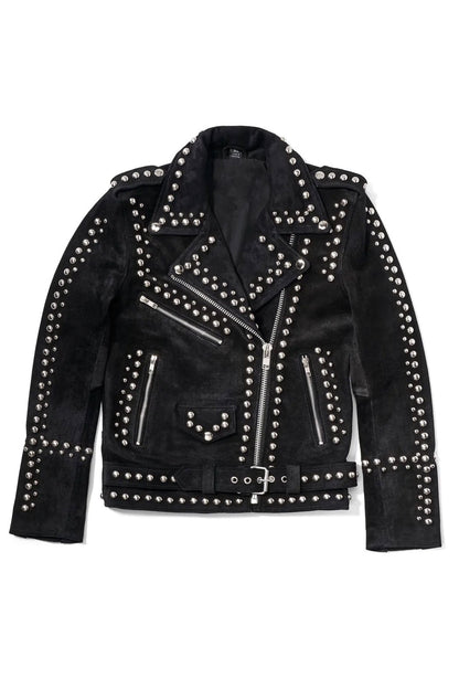  Women Style Silver Studded Black Suede Leather Jacket