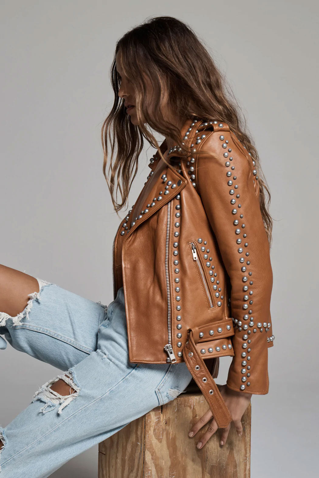 Brown Women Style Silver Spiked Studded Leather Jacket