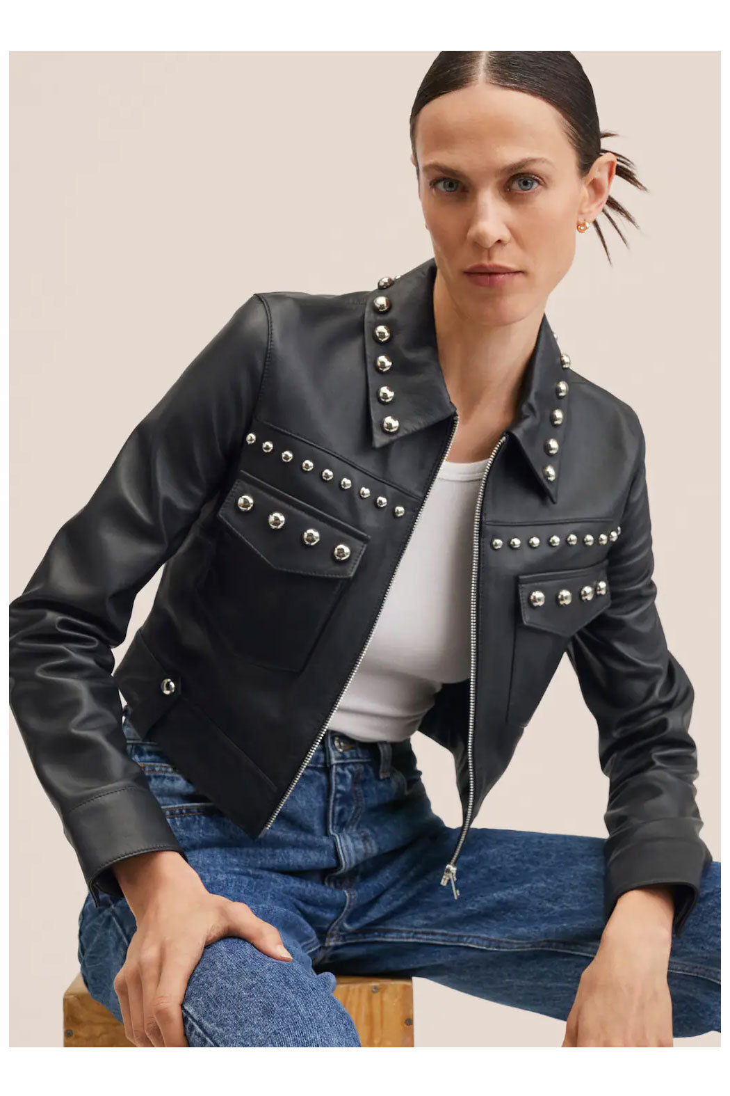 Black Women's Silver Spiked Studded Retro Motorcycle Leather Jacket