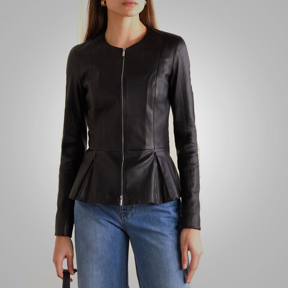 Women's Black Leather Shirt with Stretch Cotton and Concealed Zip - Sleek & Comfortable