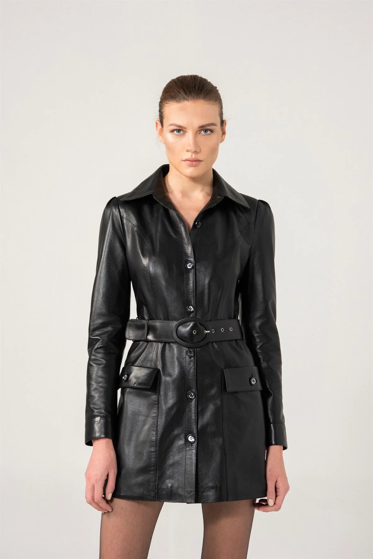 Stylish Women’s Black Sheepskin Leather Trucker Trench Coat